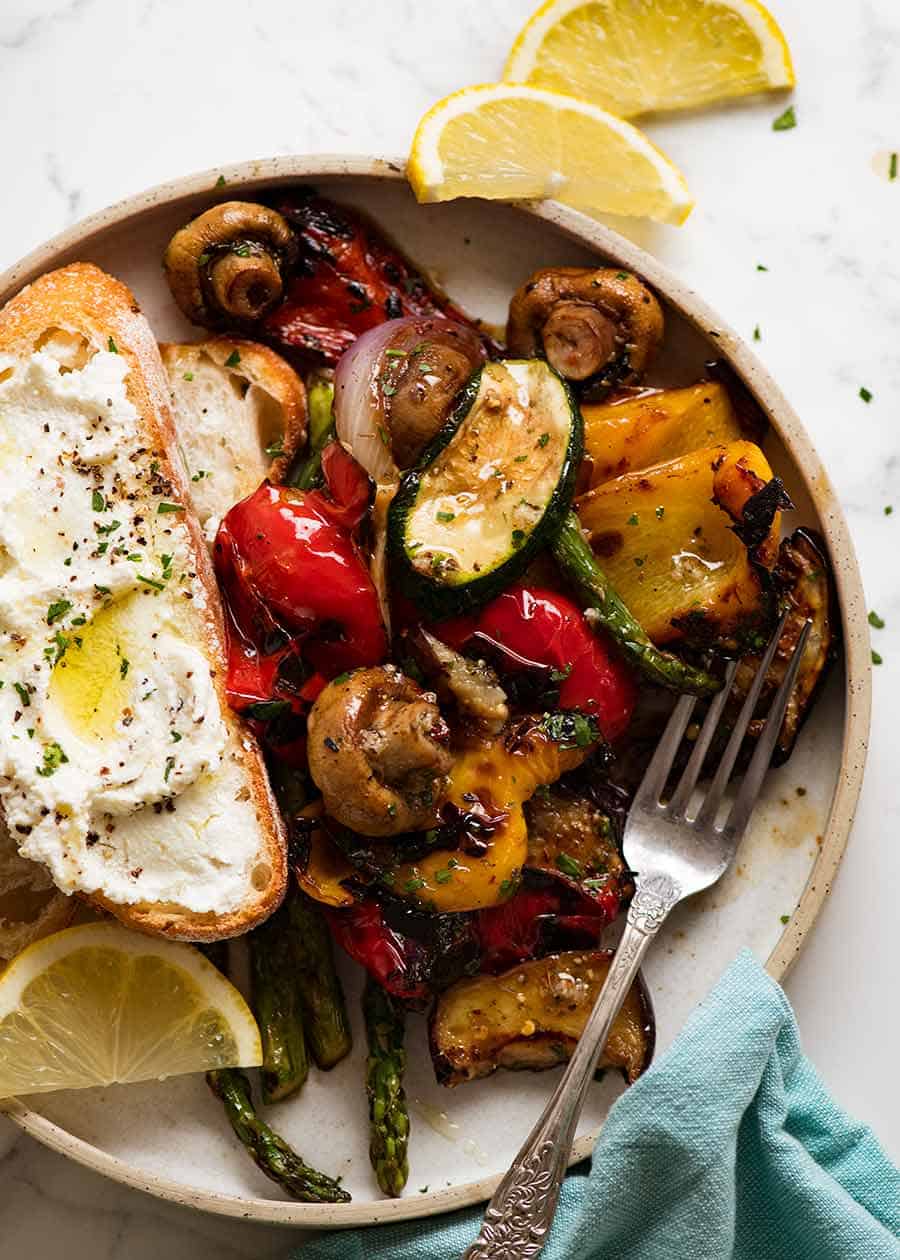 Marinated BBQ Vegetables with toast smeared with ricotta