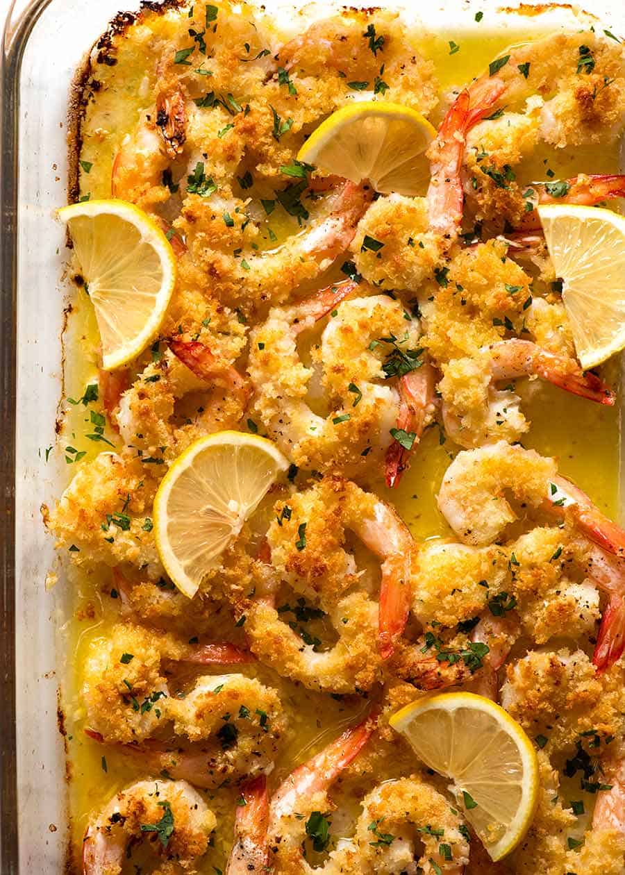 Overhead photo of Baked Prawns with Lemon Garlic Butter Sauce
