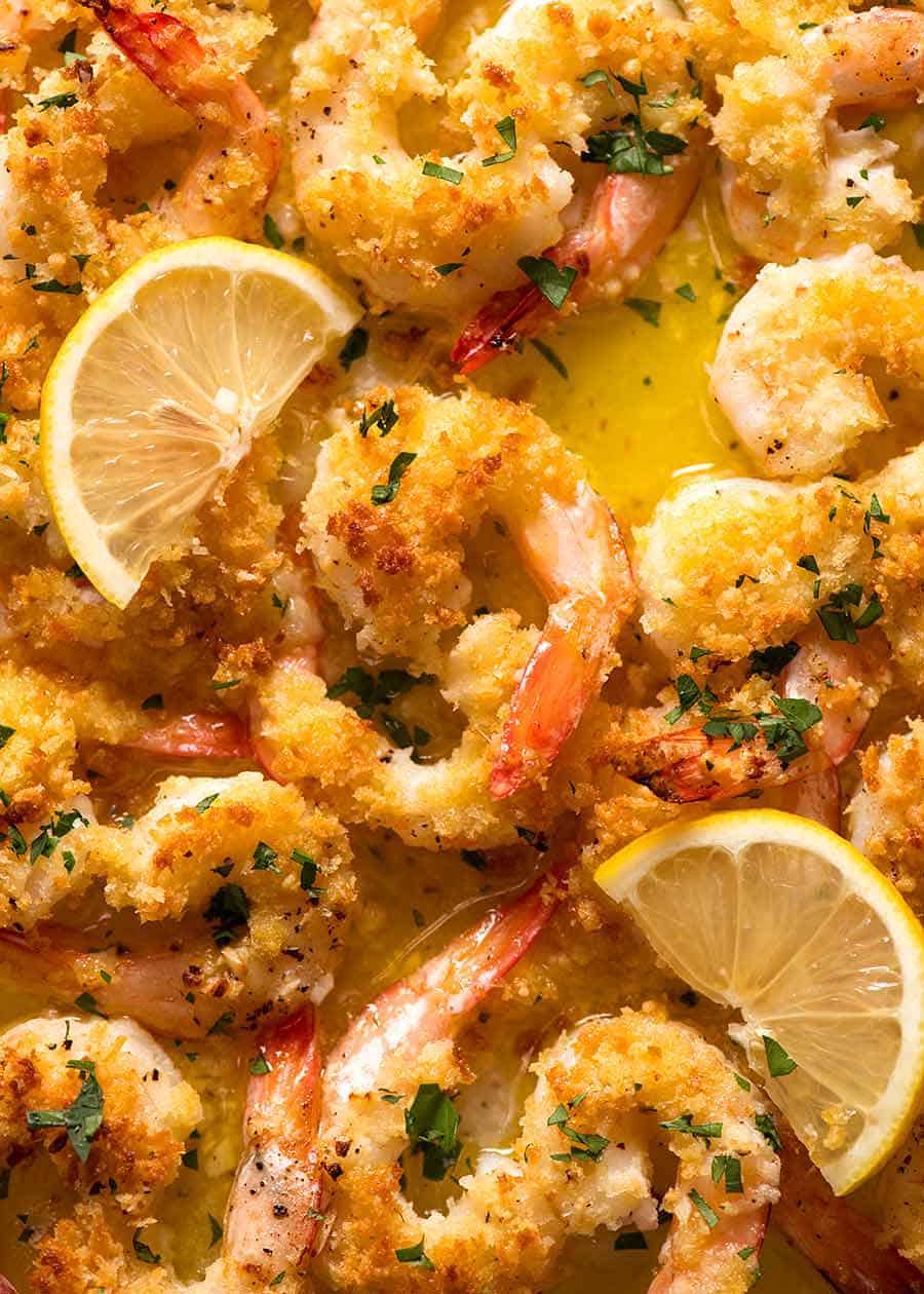 Close up overhead photo of Baked Shrimp with Lemon Garlic Butter Sauce