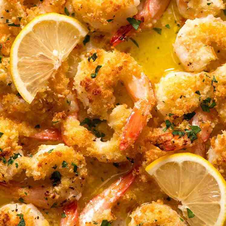 Close up overhead photo of Baked Shrimp with Lemon Garlic Butter Sauce