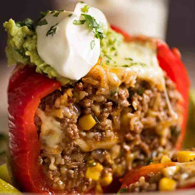 Mexican Stuffed Pepper cut open to reveal Mexican flavoured beef and rice filling