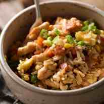 Chicken Fried Rice in a white bowl, ready to be eaten