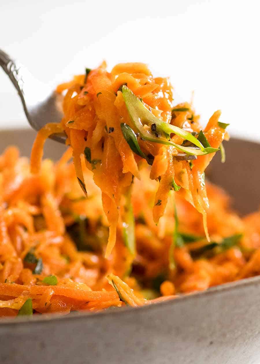 Close up of forkful of Carrot Salad