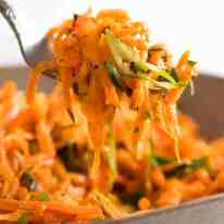 Close up of forkful of Carrot Salad