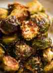 Close up of CRISPY Parmesan Garlic Roasted Brussels sprouts