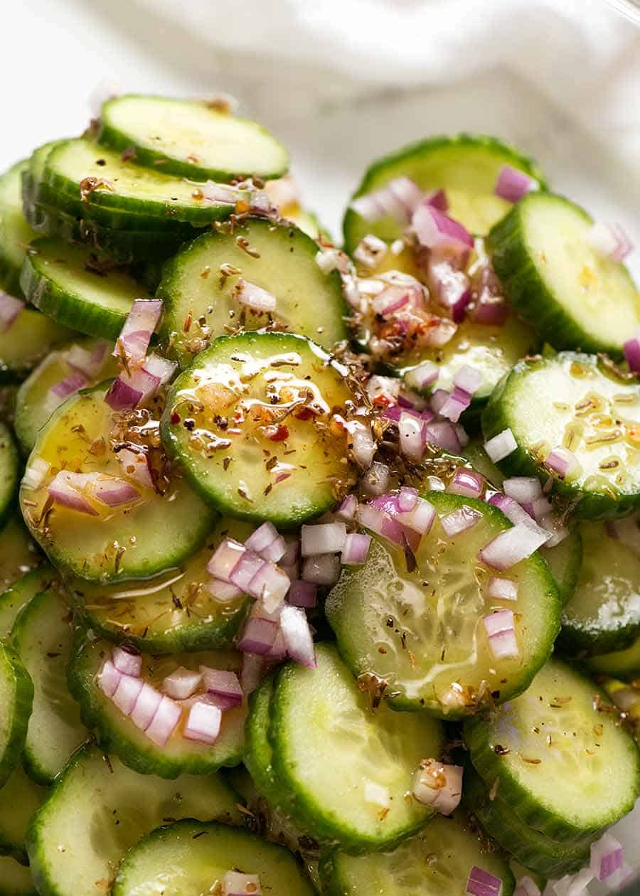 Close up of a refreshing Cucumber Salad with a tasty Herb & Garlic Dressing
