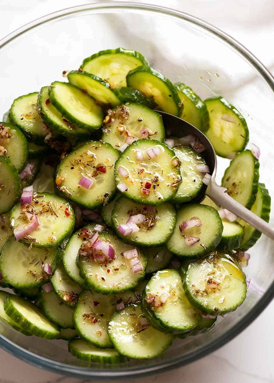 Bowl of Cucumber Salad with Herb & Garlic Dressing