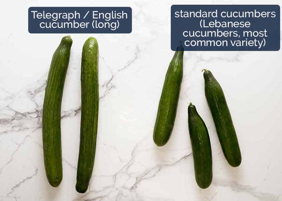 Difference between Telegraph / English cucumbers (long cucumbers) and Lebanese cucumbers, the most common variety