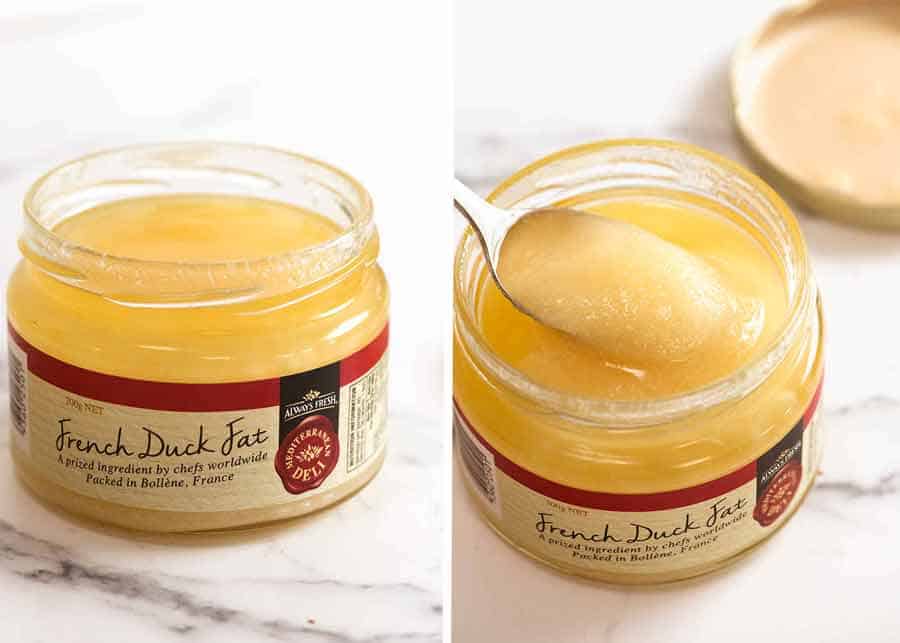 Photo of Duck Fat in a jar and a spoon showing what duck fat looks like