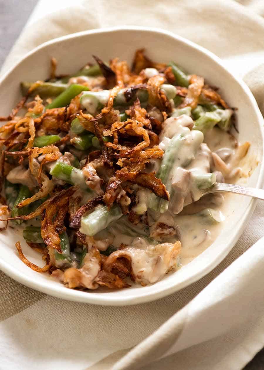 Close up of bowl with Green Bean Casserole, ready to be eaten