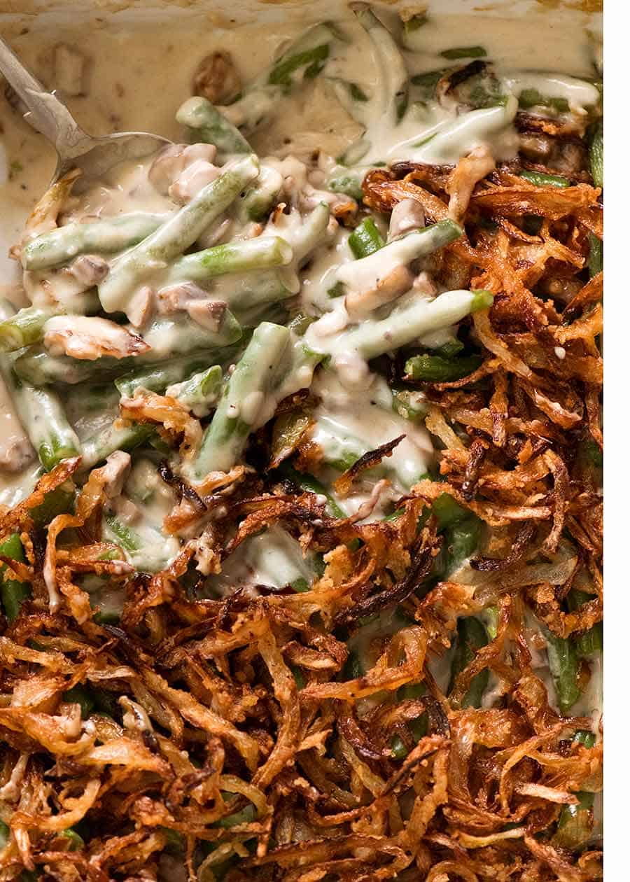 Close up of Green Bean Casserole in a casserole dish, fresh out of the oven