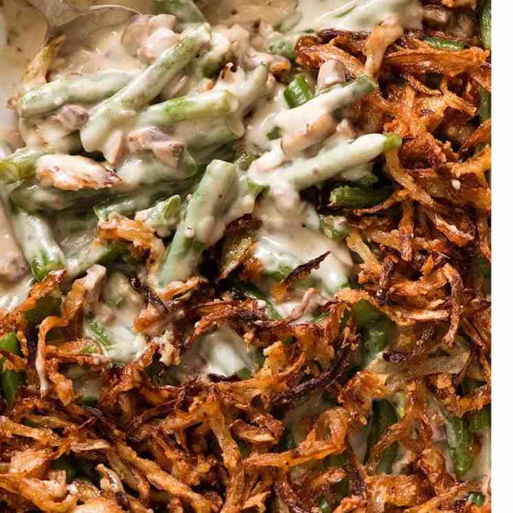 Close up of Green Bean Casserole in a casserole dish, fresh out of the oven
