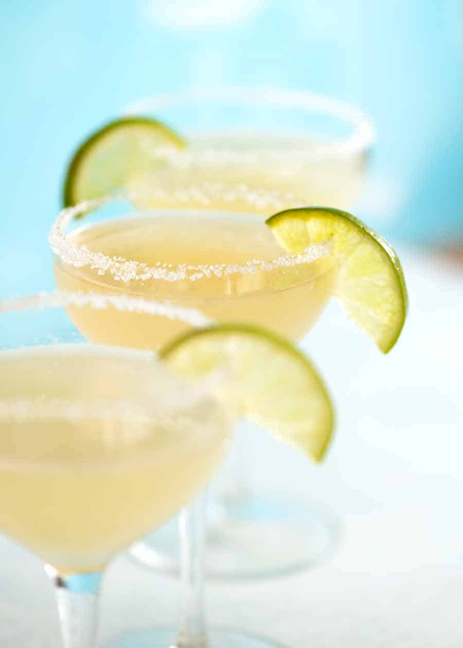 3 Margaritas with salt rim and lime slice