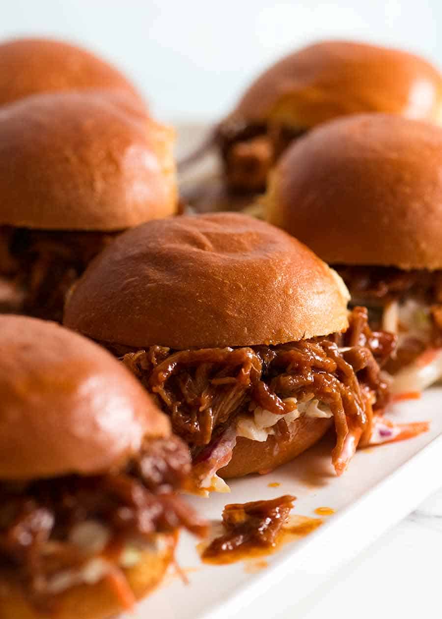 Platter of Pulled pork sliders with BBQ Sauce