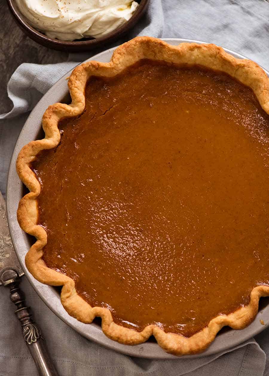 Overhead photo of Pumpkin Pie showing no cracks on surface