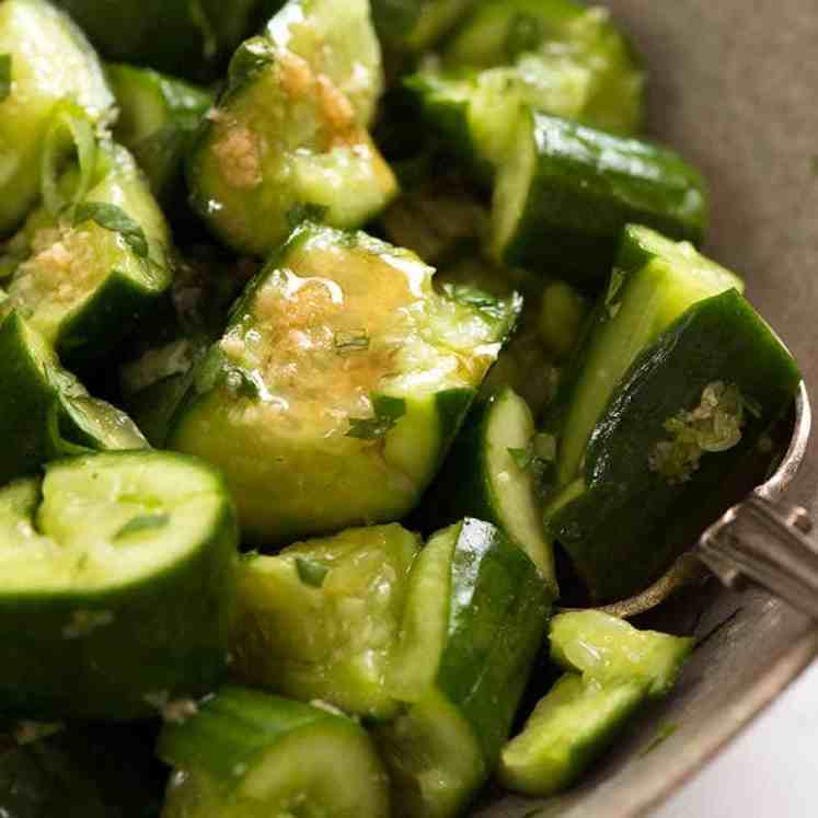 Close up of Smashed Cucumbers in a rustic bowl, ready to be served