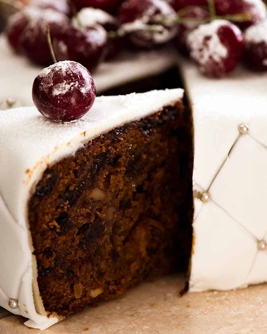 Close up of slice of Christmas Cake - easy moist fruit cake