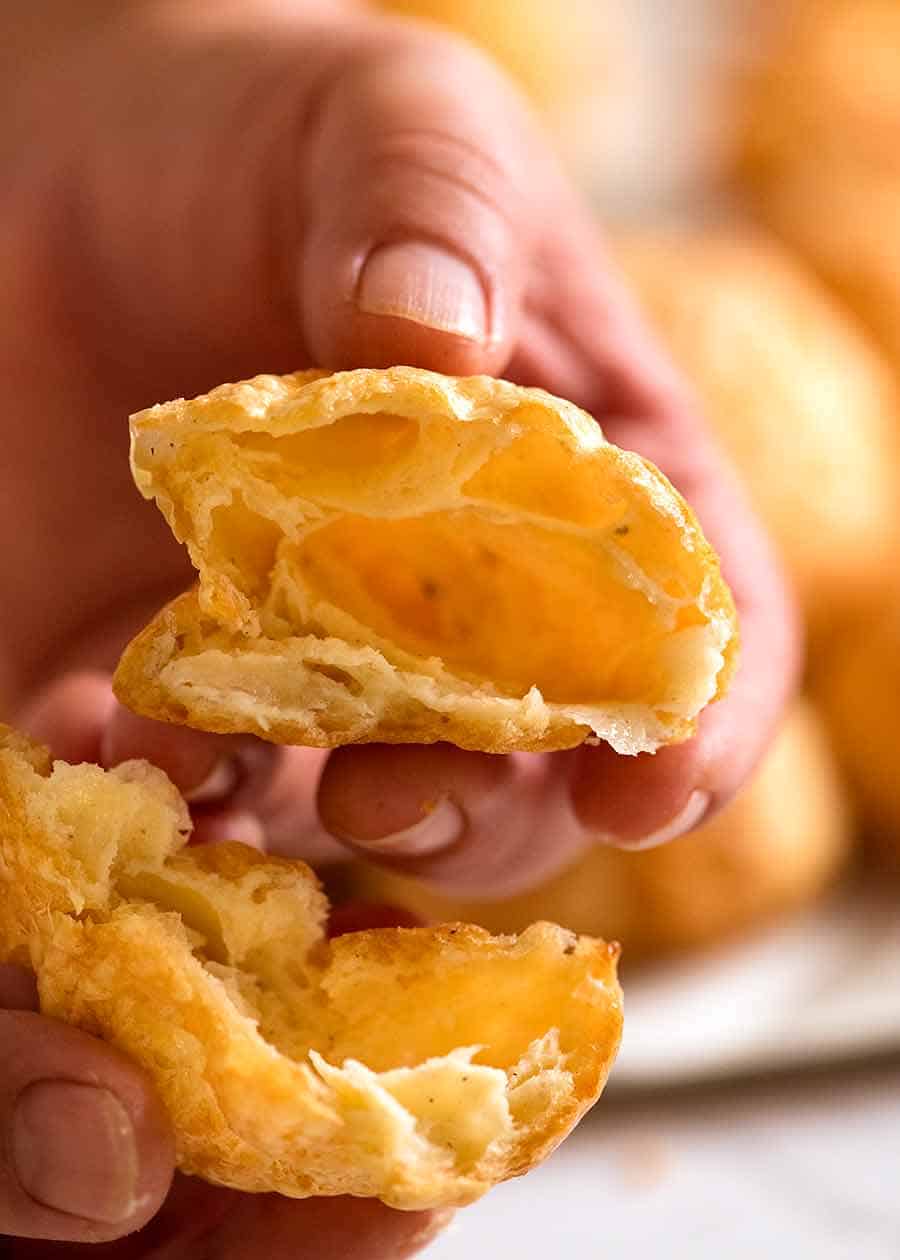 Close up showing hollow inside of Cheese Puffs