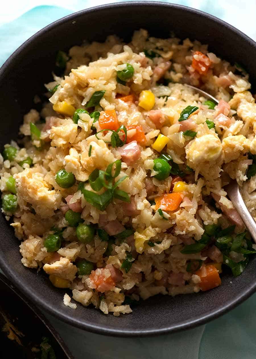 Close up of Cauliflower Fried Rice in a bowl, ready to be eaten