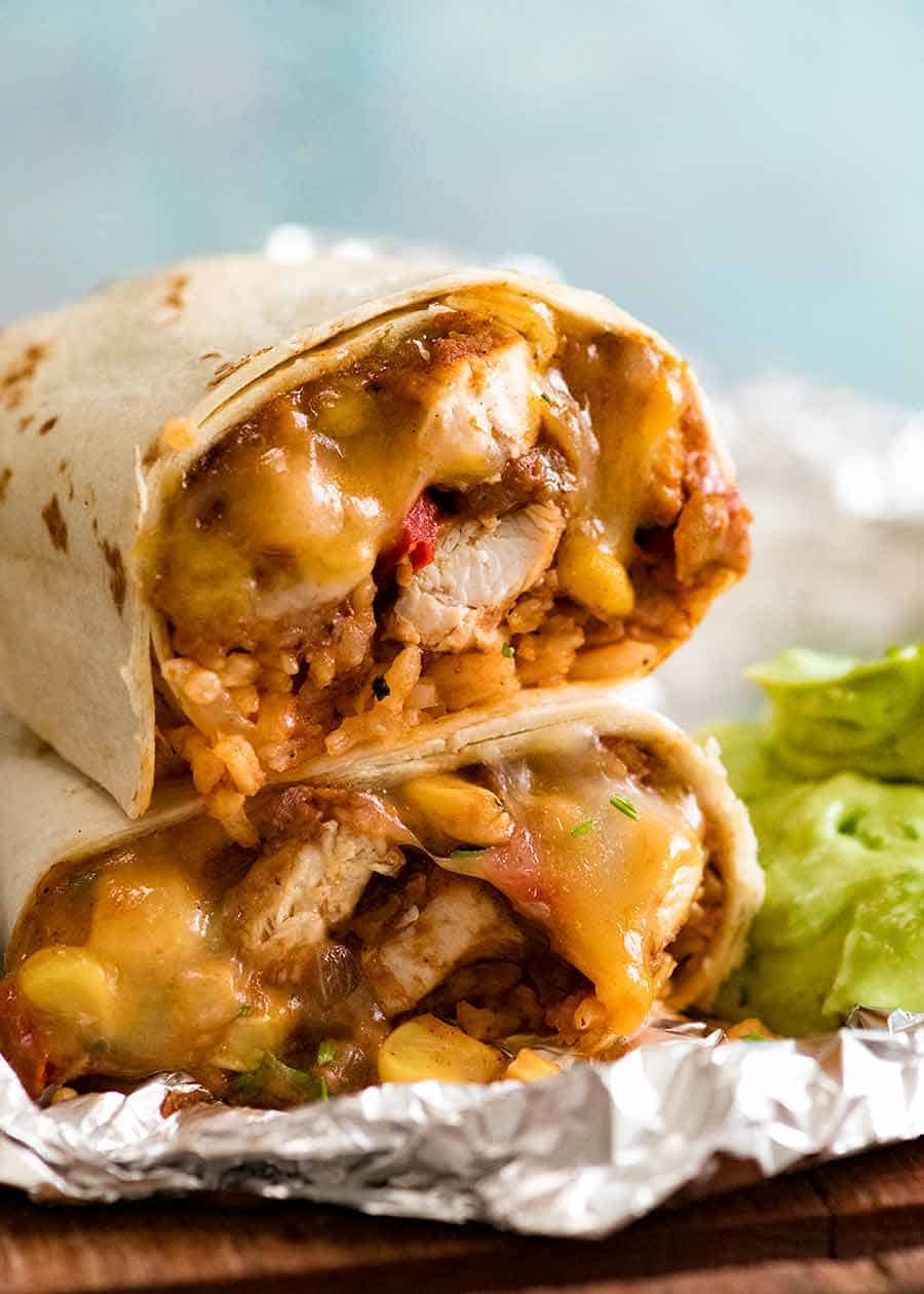 Close up of stacked Chicken Burrito