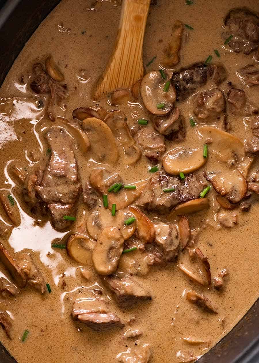 Slow Cooker Beef Stroganoff in a slow cooker, ready to be served