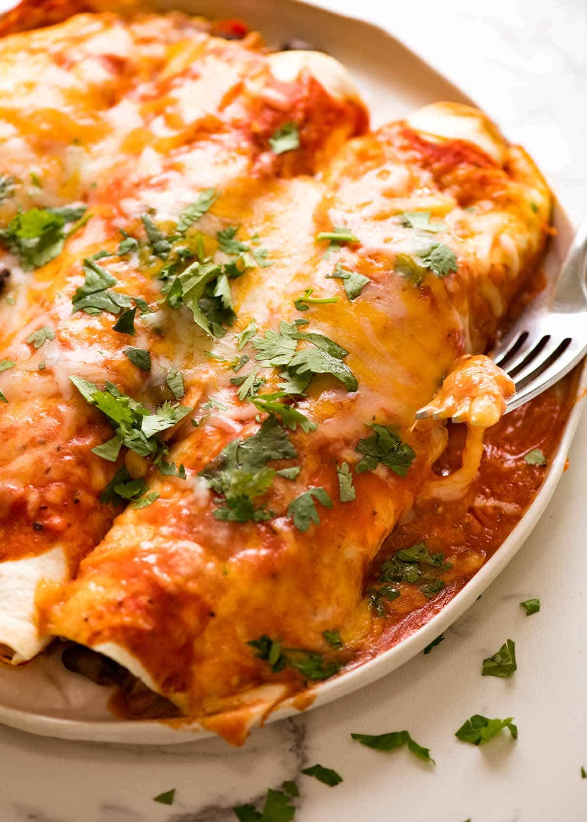 Plate of juicy Chicken Enchiladas, ready to be devoured