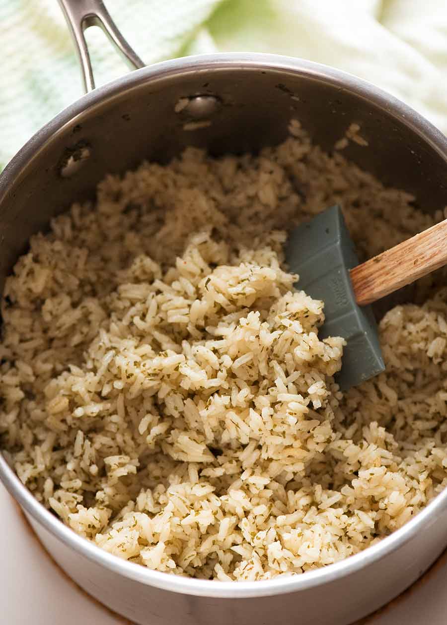 Rice seasoned in a saucepan, ready to be served