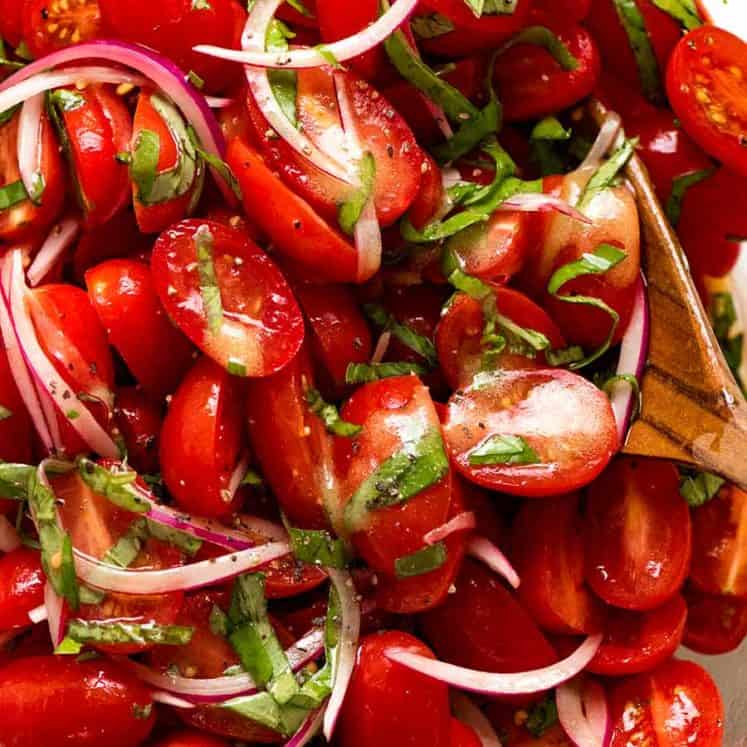Close up of juicy Tomato Salad with Basil, ready to be served