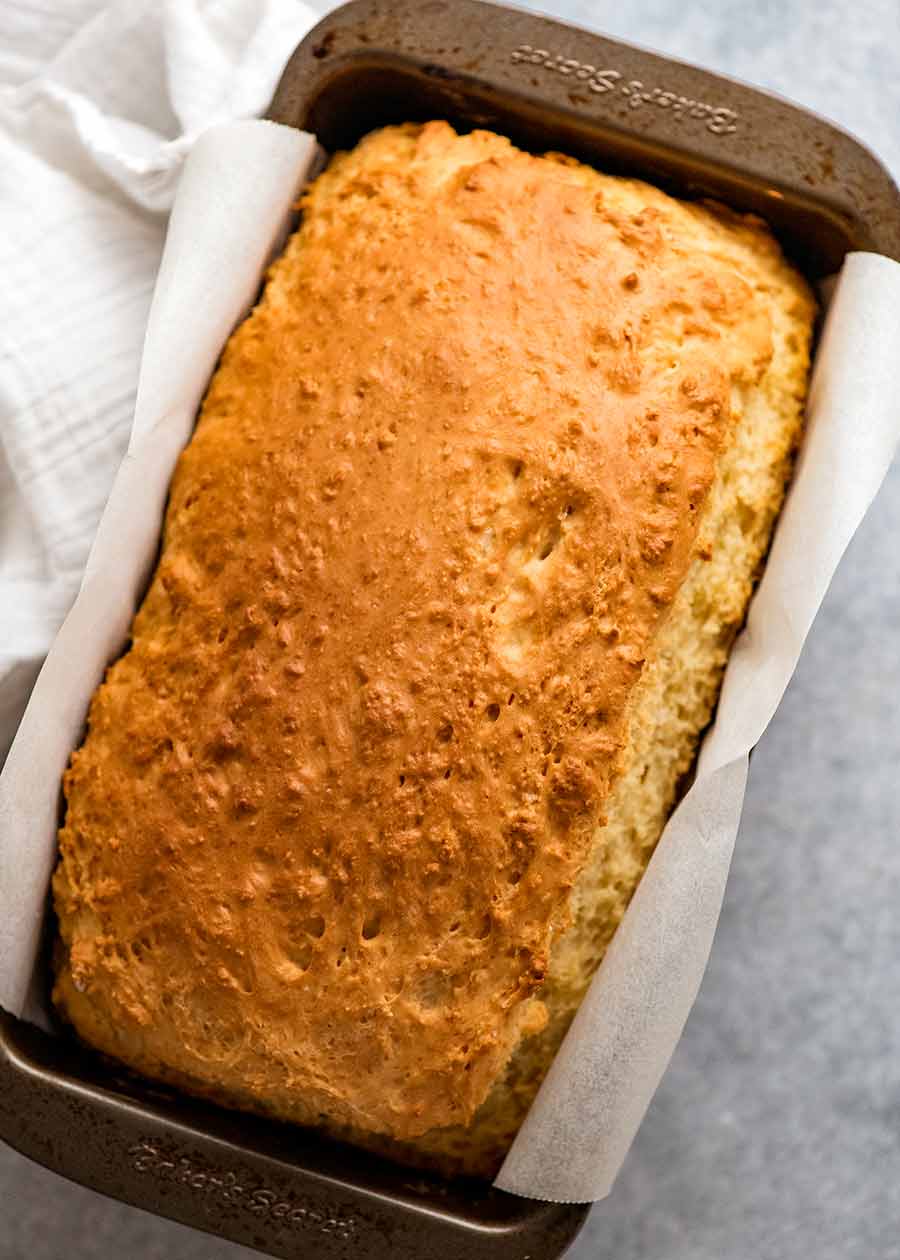 Overhead of No Yeast sandwich bread in a loaf pan