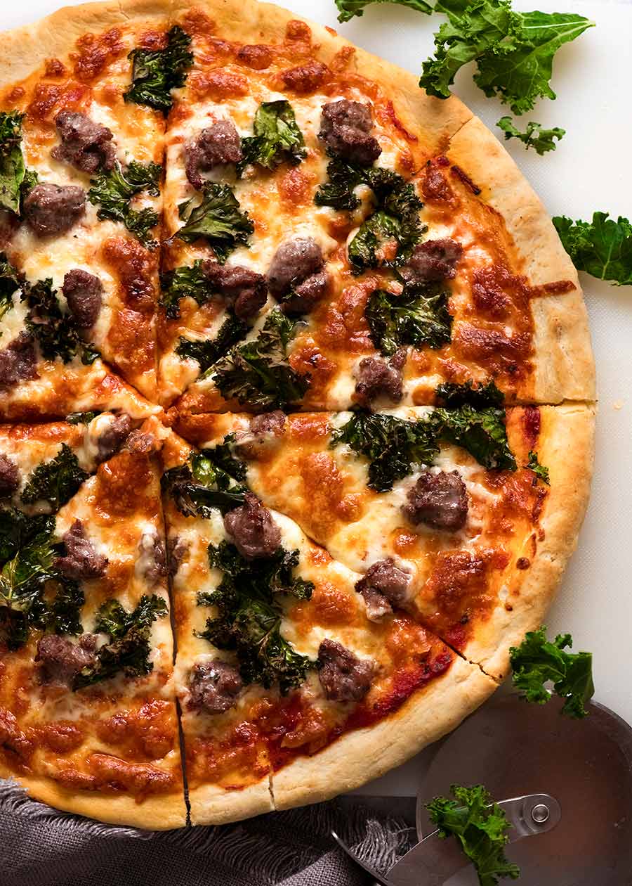 Overhead photo of No Yeast Pizza - Sausage and Kale