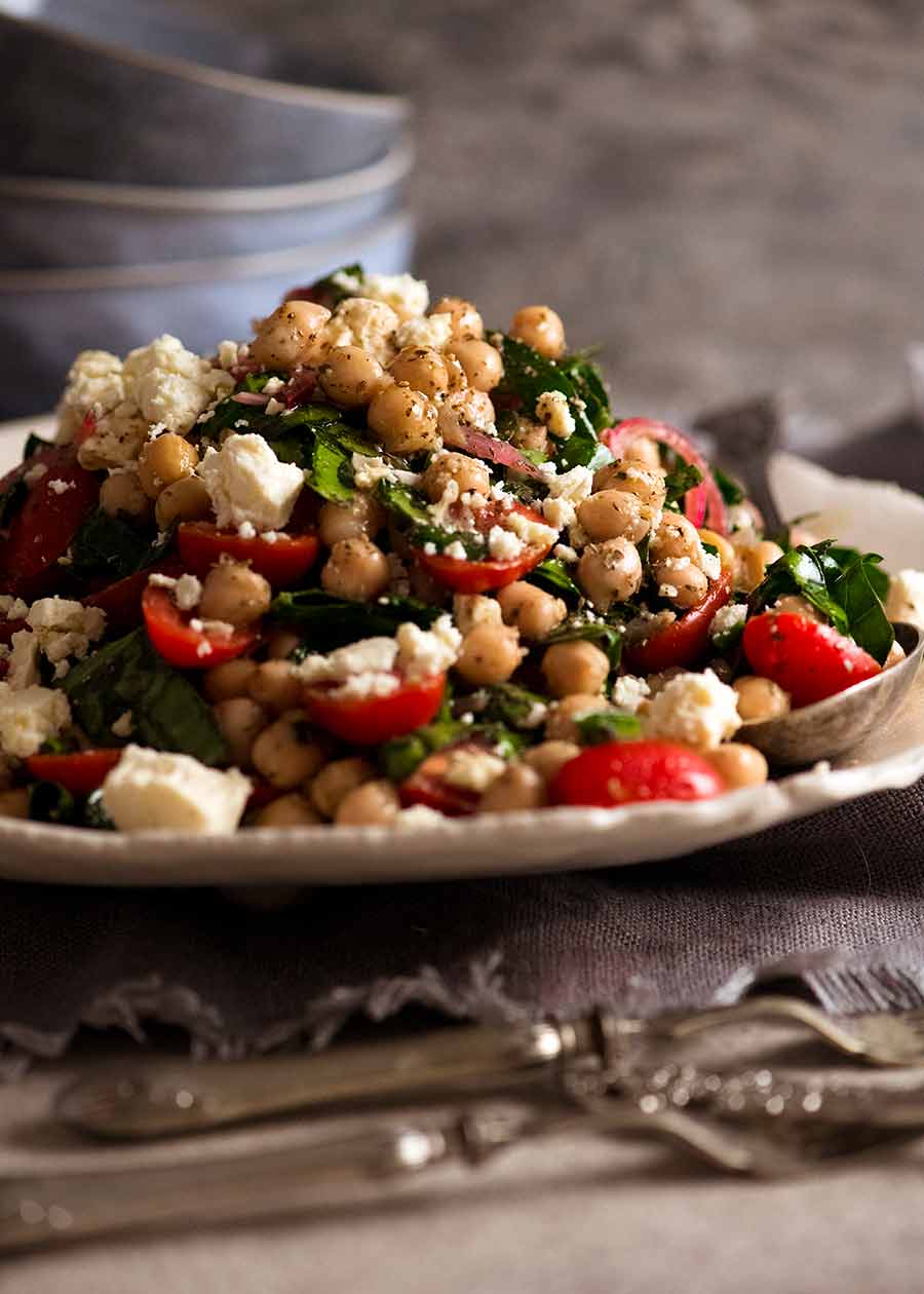 Chickpea salad on a plate, ready to be served