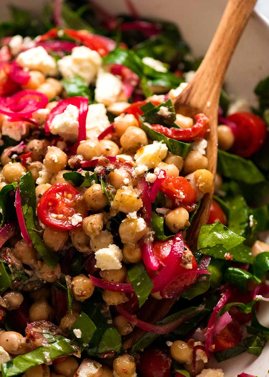 Close up of Greek marinated Chickpea salad