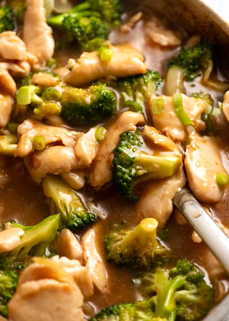 Close up of saucy Chicken Broccoli Stir Fry, ready to be eaten