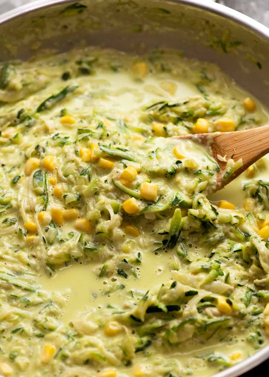 Skillet filled with creamy Zucchini pasta sauce