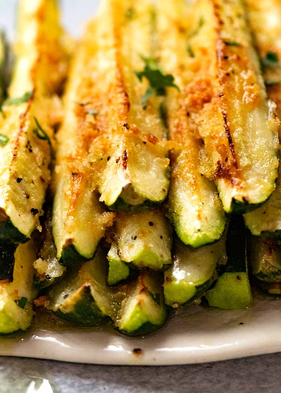 Close up of stack of parmesan baked zucchini