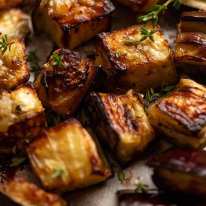 Close up of roasted eggplant cubes