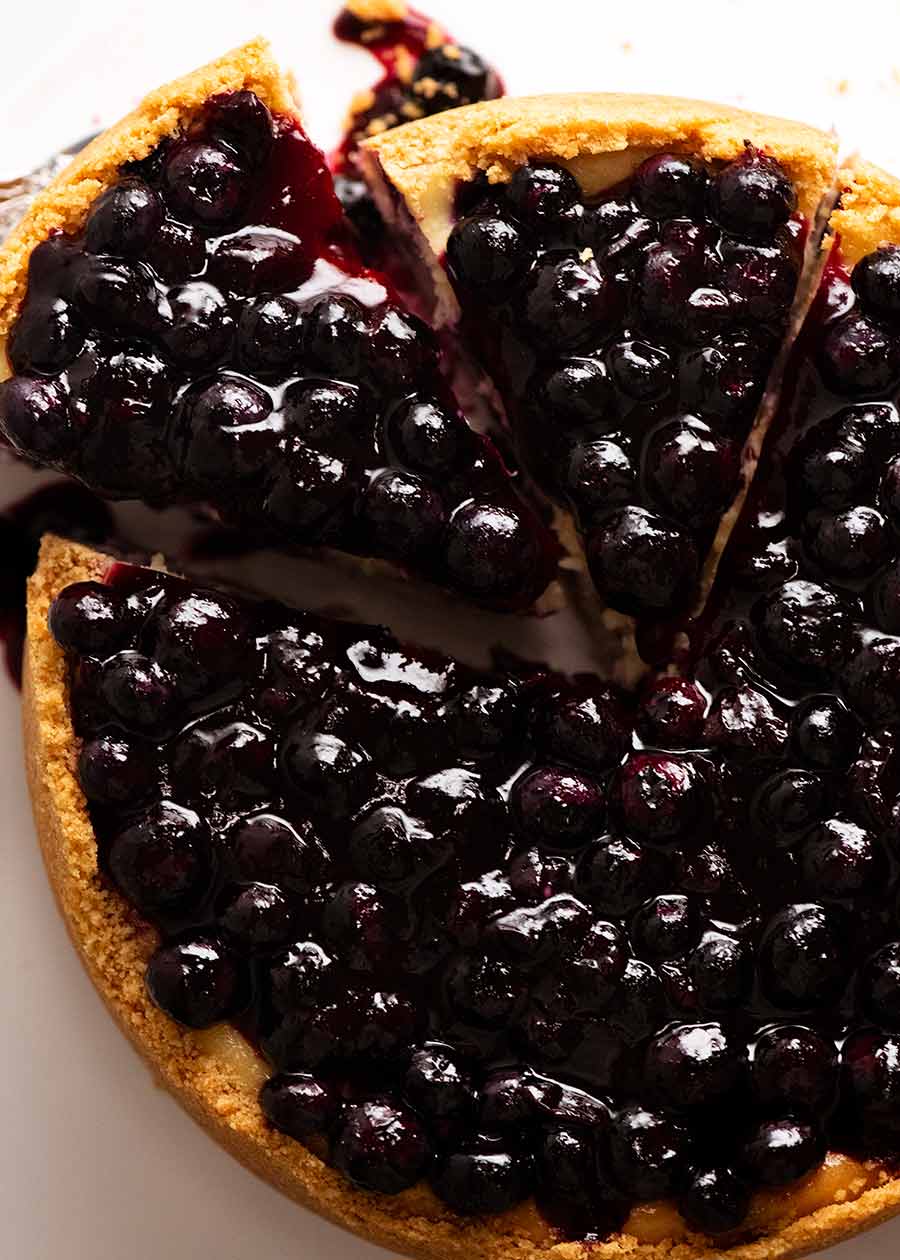 Overhead photo of Blueberry Cheesecake with Blueberry Sauce