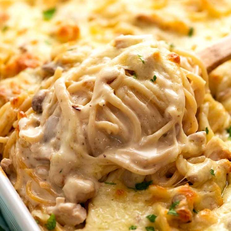 Close up of spoon lifting out some creamy Chicken Tetrazzini fresh out of the oven