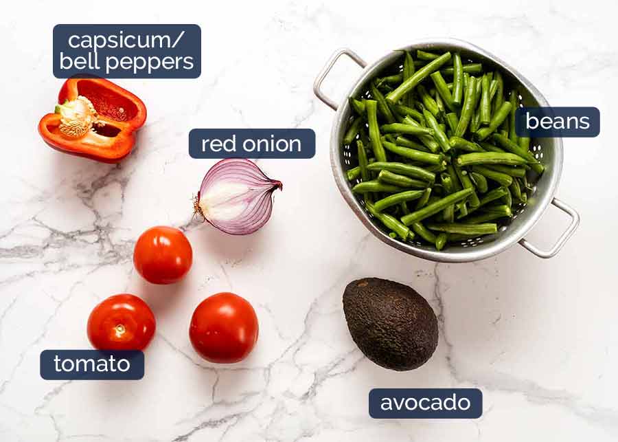 Ingredientes na Salada de Abacate Feijão Verde com Molho de Abacate