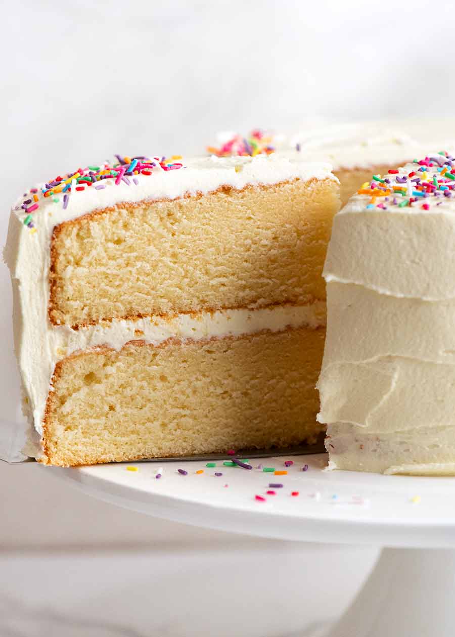 Close up showing the even crumb of the best Vanilla Cake