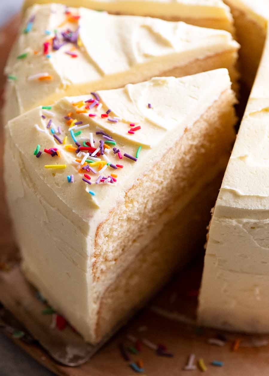 Close up of a slice of the best Vanilla Cake