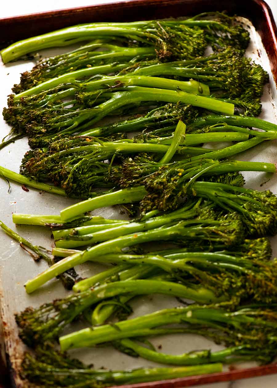Tray of roasted broccolini