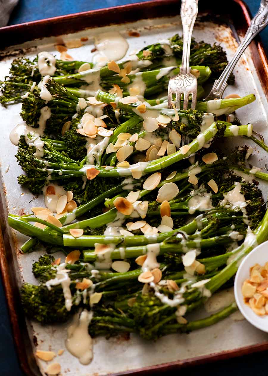 A whole tray of Roasted Broccolini with Tahini Sauce