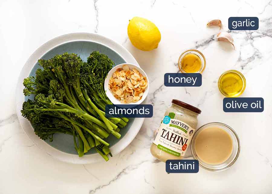 Ingredients in Roasted Broccolini with Tahini Sauce