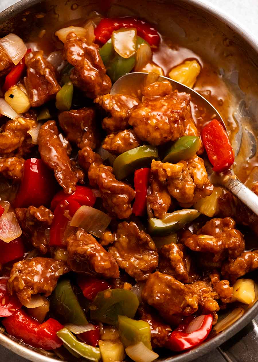 Photo of Sweet and Sour Pork in a skillet, ready to be served