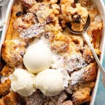 Bread and Butter Pudding with ice cream, fresh out of the oven ready to be served