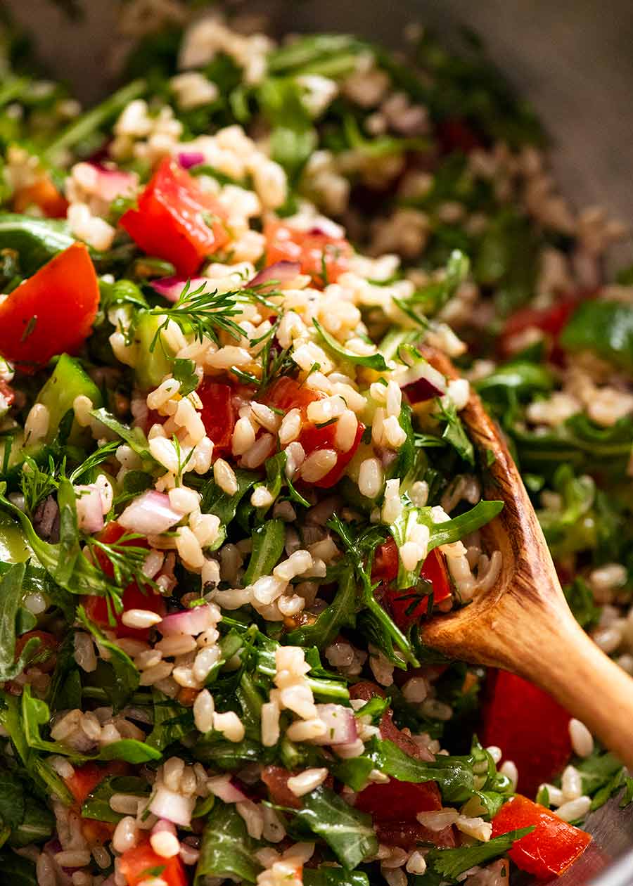Close up of Brown Rice Salad ready to be served