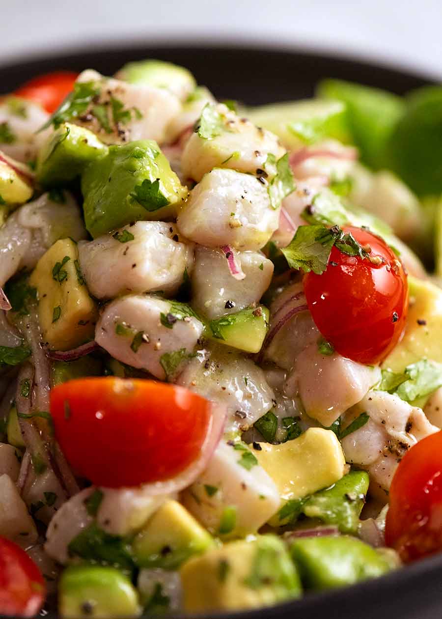 Close up of mound of Ceviche on a plate