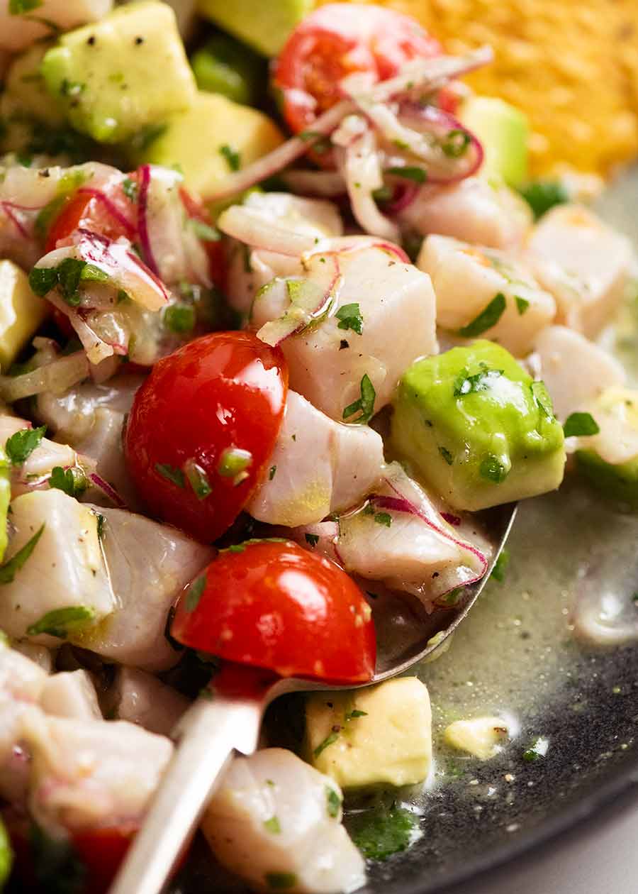 Close up of Ceviche in a spoon