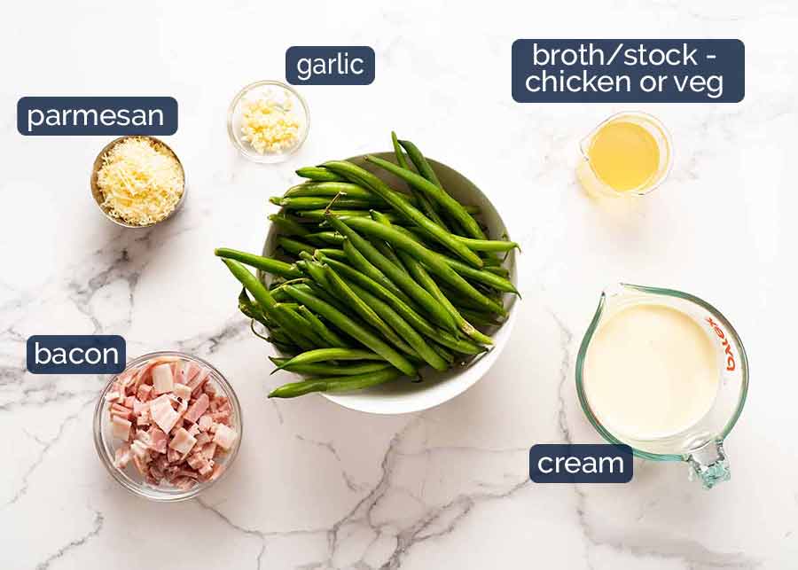 Ingredients in Green beans in creamy parmesan sauce with bacon